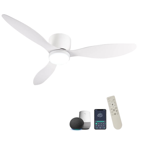 52" Smart Flush Mount Ceiling Fans with Lights Remote,Quiet DC Motor,Outdoor Indoor Low Profile white Ceiling Fan,Control with WIFI Alexa App,Dimmable,ABS blades,for Modern Bedroom Patio