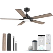 52  Smart Wood Downrod Mount Ceiling Fans with Lights Remote,Quiet DC Motor,Outdoor Indoor Low Profile Ceiling Fan,Voice WIFI Alexa App Control,Dimmable,6-speed,for Modern Bedroom Patio