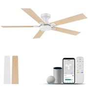 52  Smart Wood Flush Mount Ceiling Fans with Lights Remote,Quiet DC Motor,Outdoor Indoor Low Profile Ceiling Fan,Voice WIFI Alexa App Control,Dimmable,6-speed,for Modern Bedroom Patio