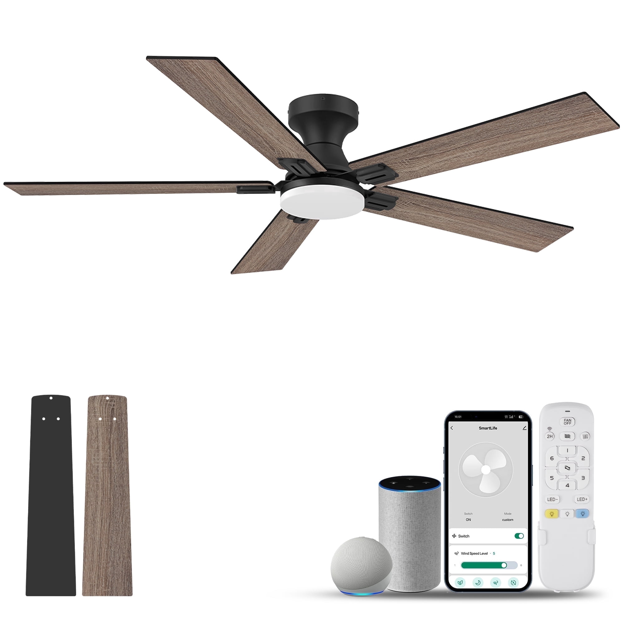 52” Smart Wood Flush Mount Ceiling Fans with Lights Remote,Quiet DC Motor,Outdoor Indoor Low Profile Ceiling Fan,Voice WIFI Alexa App Control,Dimmable,6-speed,for Modern Bedroom Patio
