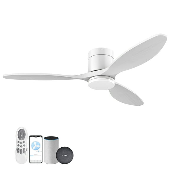 52”Smart Wood Flush Mount Ceiling Fans with Lights Remote,Works with Alexa Google Voice App,White
