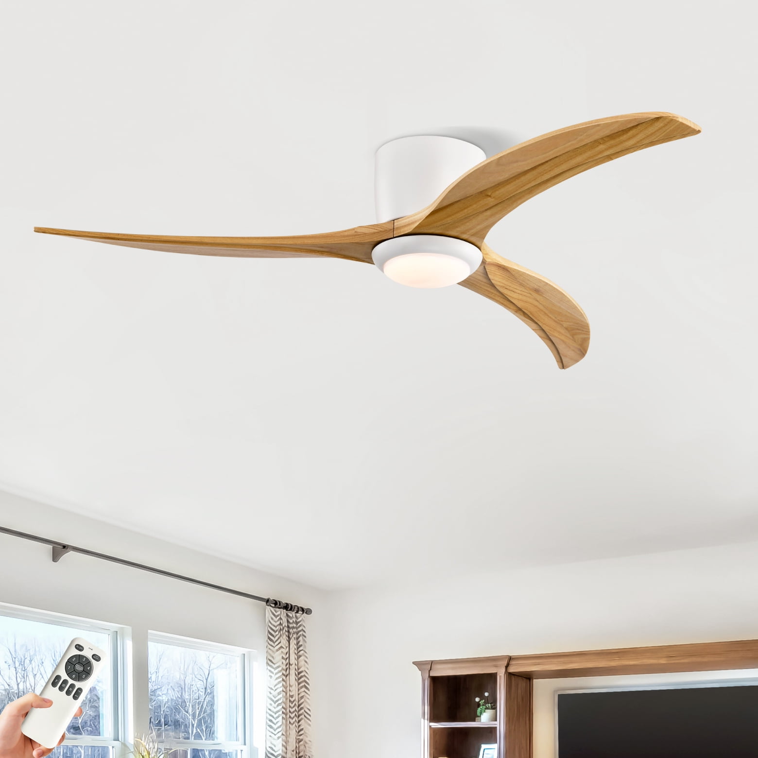 52" Solid Wood Ceiling Fan with Light and Remote Control,Flush Mount Ceiling Fan with 3 Solid Wood Blades,Noiseless Reversible Motor,6 Speeds, Timeable,Ventilador for Living Room,Bedroom,Natural