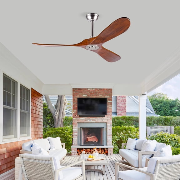 52" Solid Wood Ceiling Fan Remote Contro with 3 Blade for Patio Living Room Bedroom Porch, Water Resistant