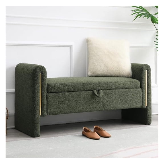 52" Storage Ottoman , Teddy Upholstered Storage with Armrest, Entryway with Pull-Ring, End of Bed , Window for Living Room (Olive Green)
