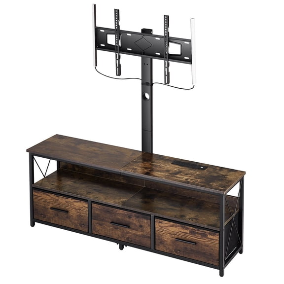 52" TV Stand with Mount for 75" TVs, Adjustable Height, Power Outlet & LED Lights, 3-Drawer Media Console for Living Room, Bedroom - Brown