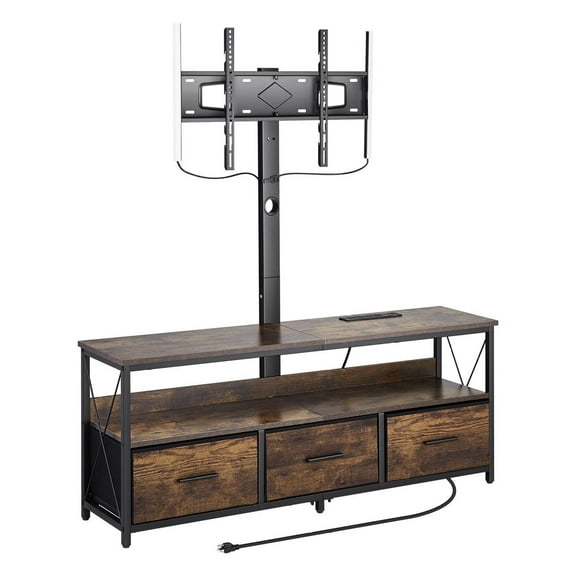 52" TV Stand with Mount for up to 75" TVs, Entertainment Center with Power Outlet & LED Lights, Height Adjustable Console with 3 Drawers, Brown