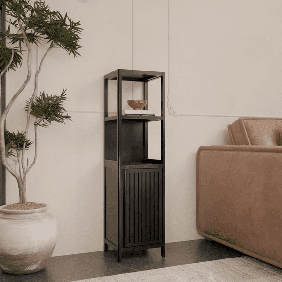 52" Tall Bamboo Storage Cabinet,Bamboo Narrow Bathroom Floor Cabinet with 1 Door and 3 Tier Open Shelves,Freestanding Bathroom Organizer for Towels,Linens,Kitchen,Living Room,Black