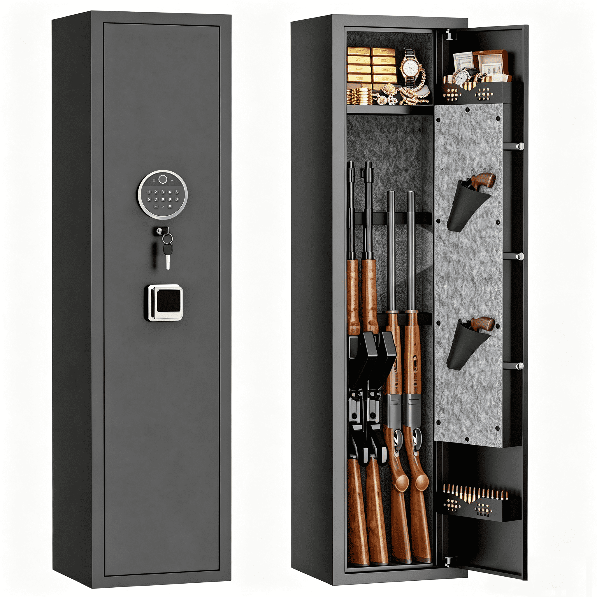 52" Tall Black Rifle Safe, Biometric & Keypad Lock, Adjustable Gun Racks with Built-in Alarm System