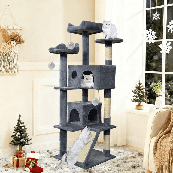 52" Tall Cat Tree Tower with Cat Condos - Large Cat Tree - Cat Tower for Indoor Cats - Play Scratch Hide Climb Activity Furniture with Toy