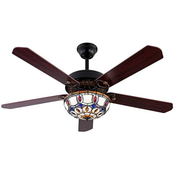 52'' Tiffany Ceiling Fan Light 5 Wood Leaves 3 Speed Fan Chandelier with Remote Control For Living Room