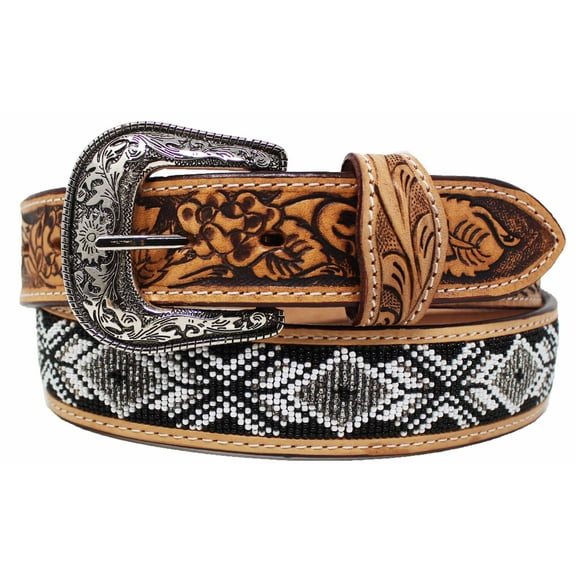 52  Unisex 1.5" Western Floral Tooled Beaded Full-Grain Leather Belt 26RT28B
