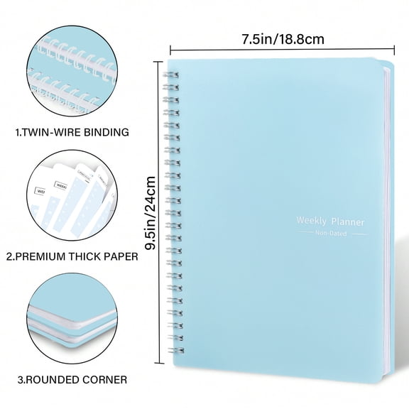 52 Weeks Weekly Planner Notebook A5 Undated Spiral Agenda Daily Student Schedules Journal Stationery Office School Supplies (blue-A5)