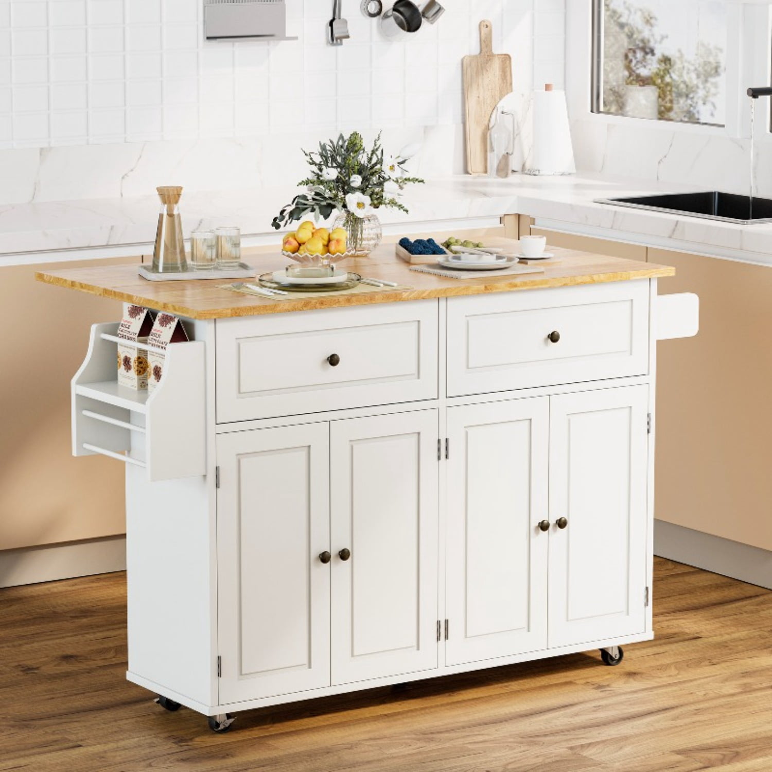 52" White Kitchen Storage Island Cart - Rolling Drop Leaf Design with 2 ...