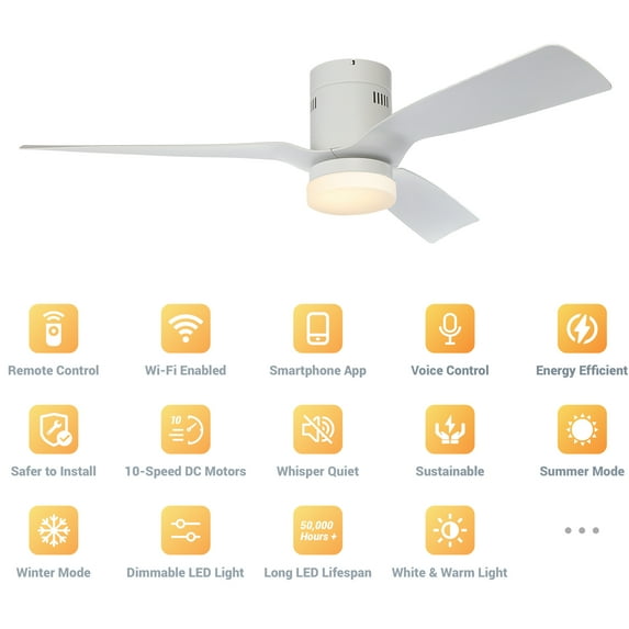 52" White Wifi Smart Ceiling Fan with LED Remote Control Compatible with App Control Voice Control