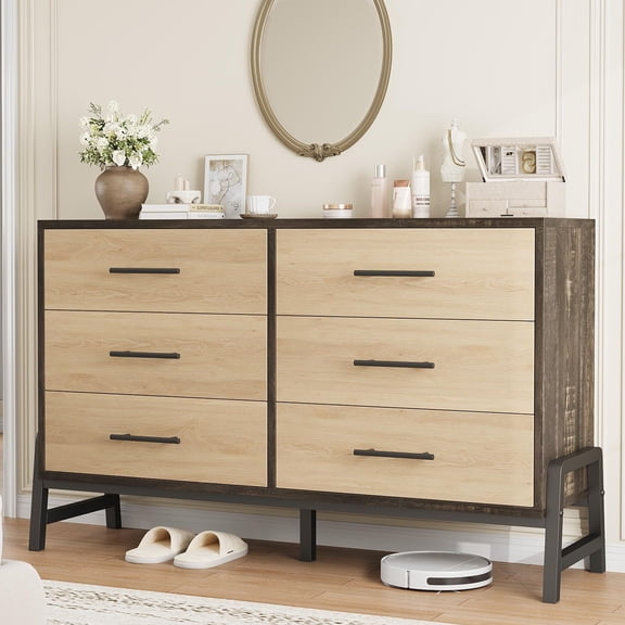 52" Wide 6 Drawers Dresser for Bedroom, Wooden Closet Storage Dresser Chest with Large Storage Space