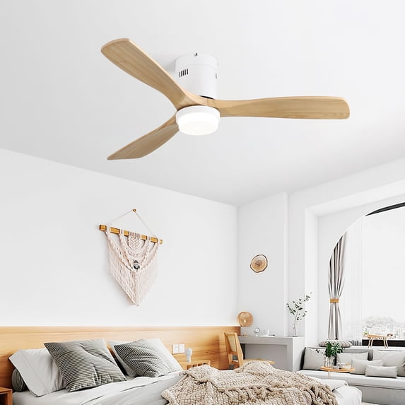 52"Wooden Ceiling Fan With 3 Color LED Light & 3 Solid Wood Blades, Ceiling Fan with Remote Control, Ultra-Quiet DC Motor, for Dining Room, Living Room, Office, White