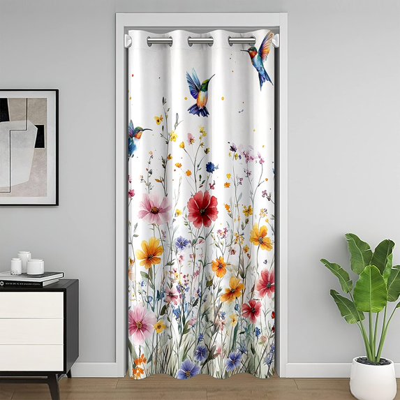 52 Wx84 L inch Flower Door Curtain,Wildlife Blackout Curtain Privacy,Hunmming Bird Doorway Curtain,Cottage Floral Door Drape for Bedroom Living Room