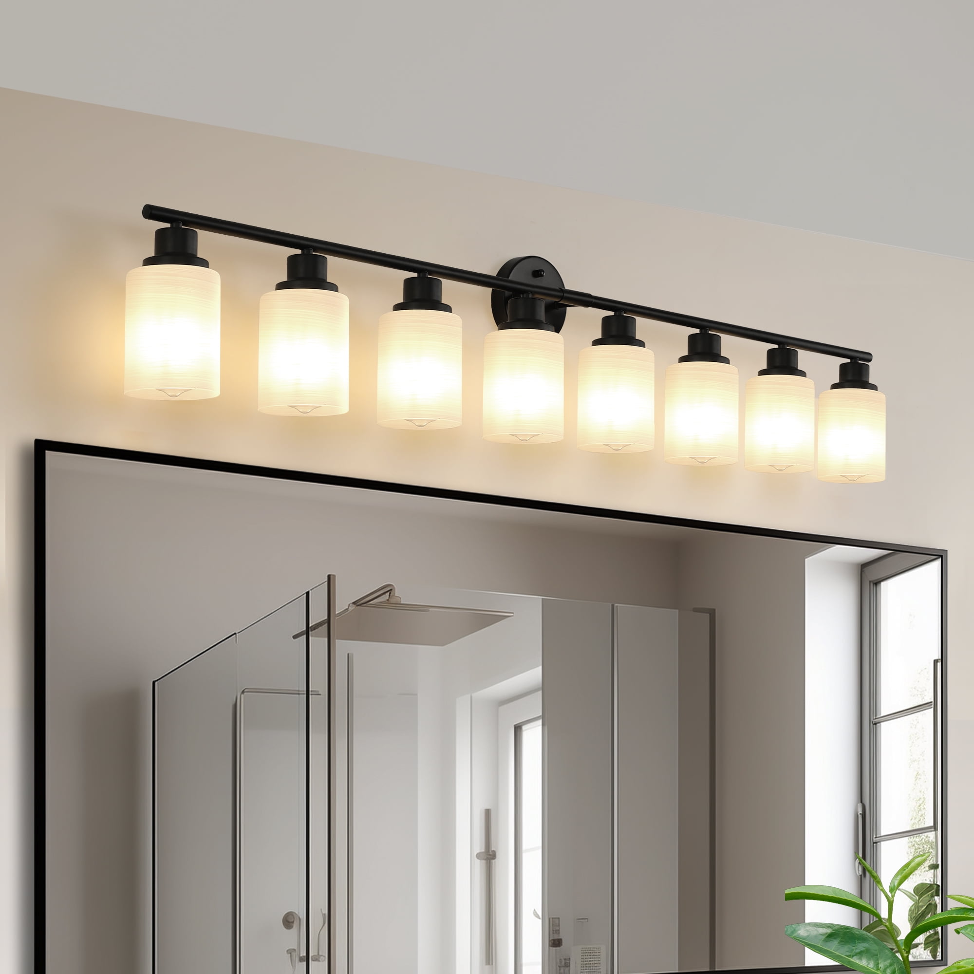 52 in Black Modern 8-Light Vanity Light for Bathroom Mirror with Frosted White Glass Shade, for Bedroom, Dressing Room (Bulbs Not Included)