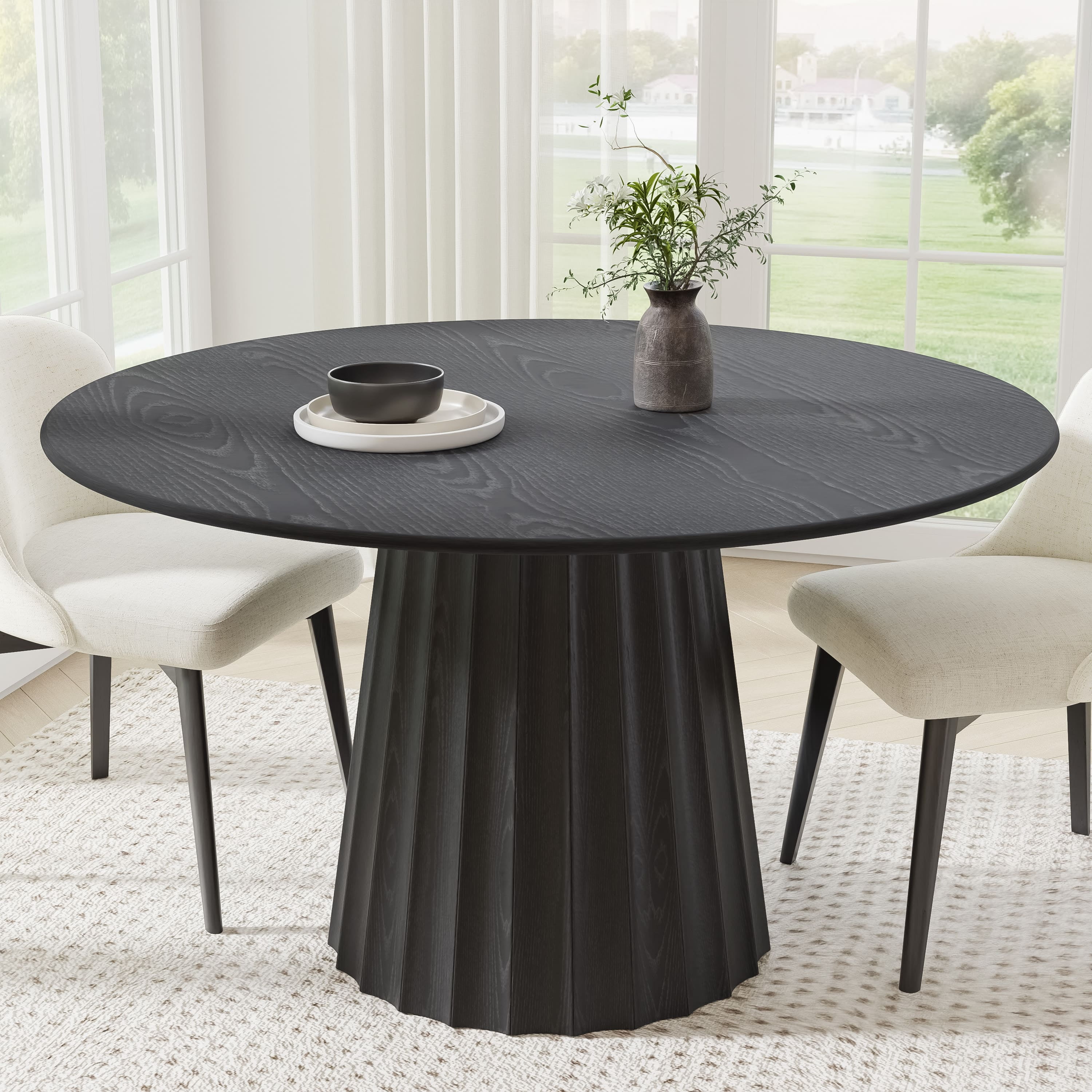 52 in. Soild Wood Black Dining Table Round Kitchen Table