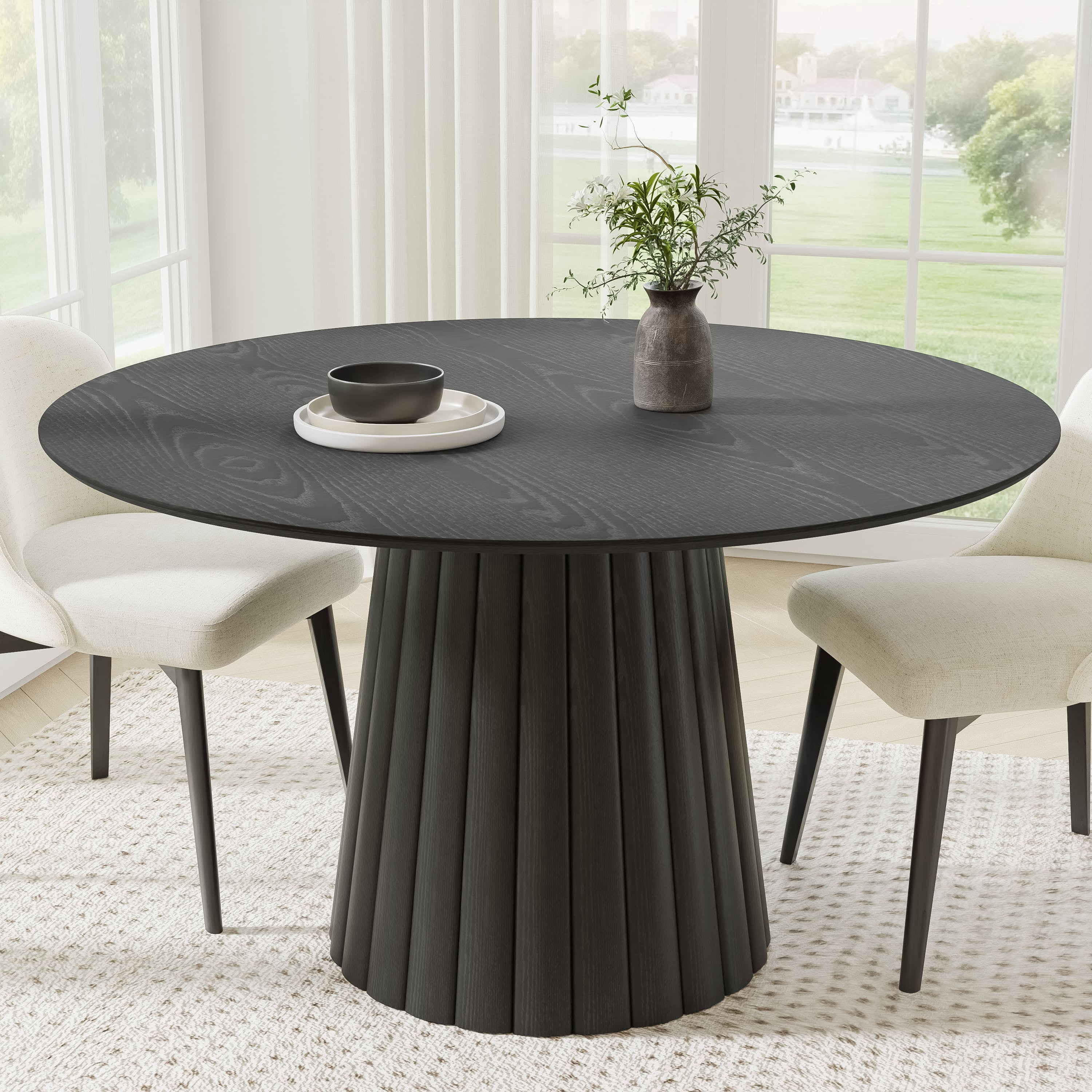52 in. Soild Wood Black Dining Table Round Kitchen Table