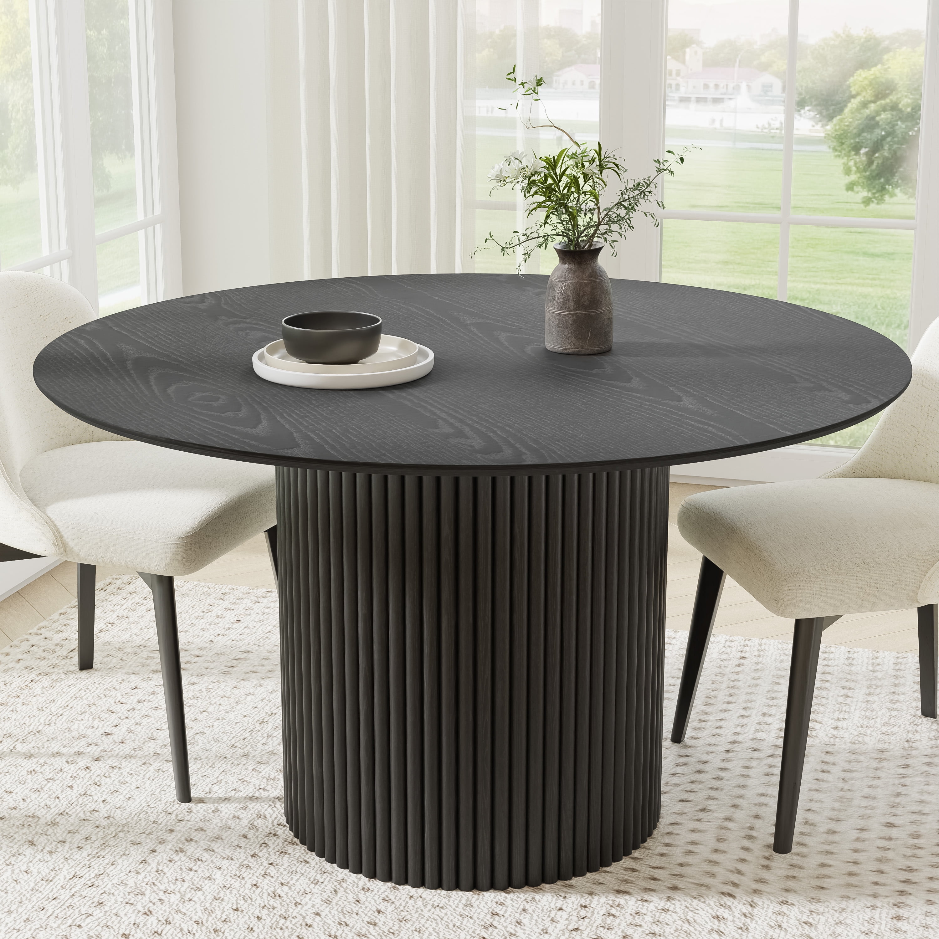 52 in. Soild Wood Black Dining Table Round Kitchen Table