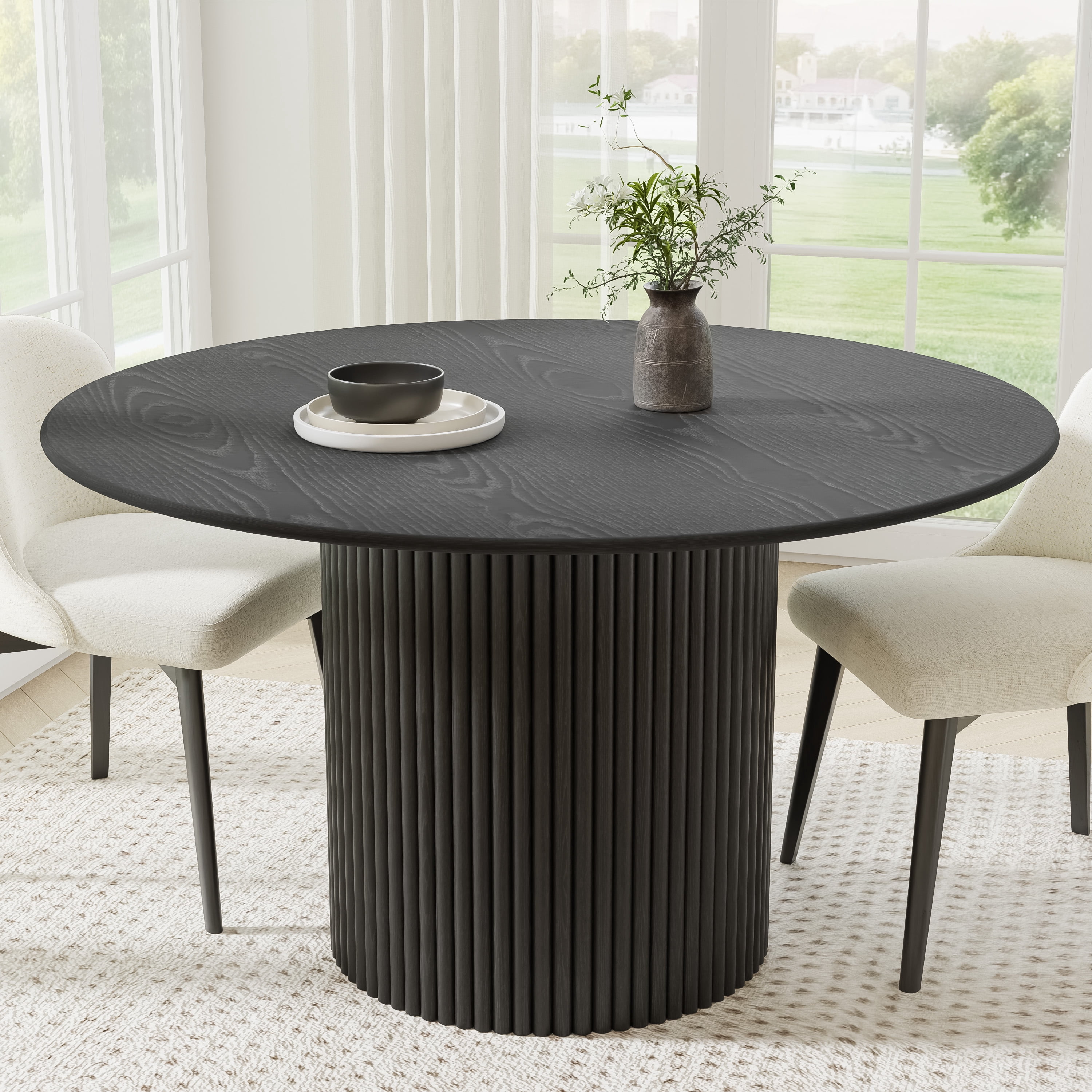 52 in. Soild Wood Black Dining Table Round Kitchen Table