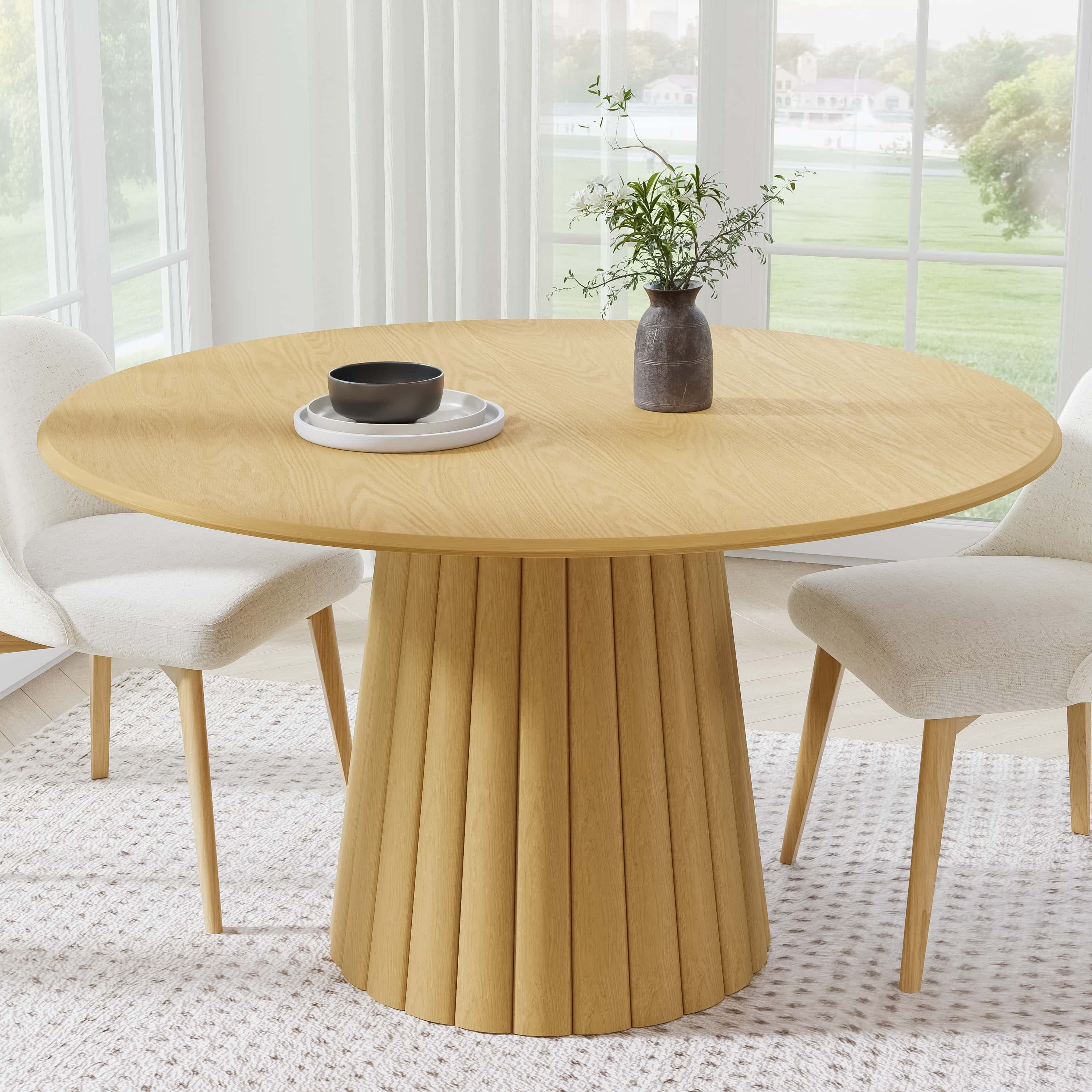 52 in. Soild Wood Natural Oak Dining Table Round Kitchen Table