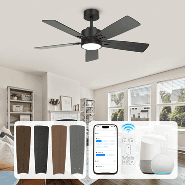 52 inch Black Ceiling Fan with Light, Smart Alexa & App & Remote Control Fan, 10 Dual Finish Reversible Blades, Damp Rated Indoor Outside Fan for Modern Farmhouse