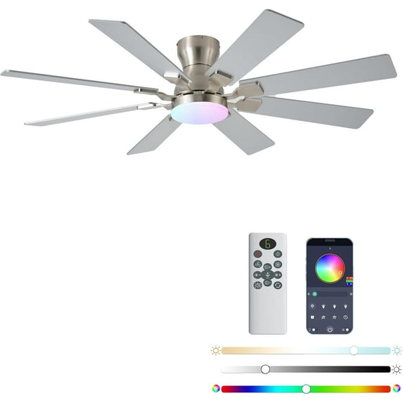 52 inch Ceiling Fan with Light, 6 Speeds Reversible Low Profile Ceiling ...