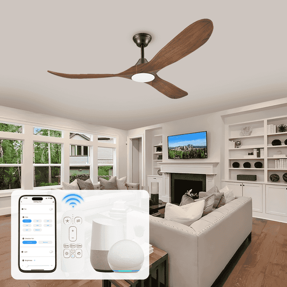 52 inch Outdoor Ceiling Fans for Patios with Light, Smart Alexa Control, Farmouse Rustic Wood Propeller 3 Blades High CFM DC Motor Fan for Bedroom