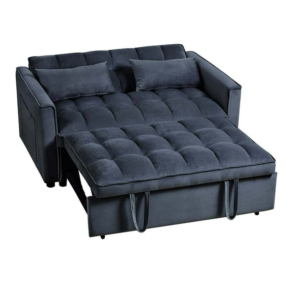 52 inch Convertible Pull - Out Trundle Sofa Bed, Velvet Upholstered Loveseat with Adjustable Sleeper, Multi - Functional Couch for Small Spaces, BLack