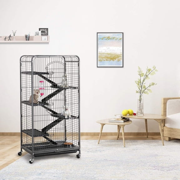 52-inch Ferret Cage 6 Level Metal Rat Cage with 3 Front Doors/Feeder/Wheels Small Animal Cage for Ferret/Chinchilla/Bunny/Rabbit/Squirrel, Black