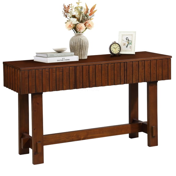 52 inch Fluted Console Table with 3 Drawers, Cherry Sofa Table for Living Room Entryway, Farmhouse Storage Cabinet with Solid Wood Legs