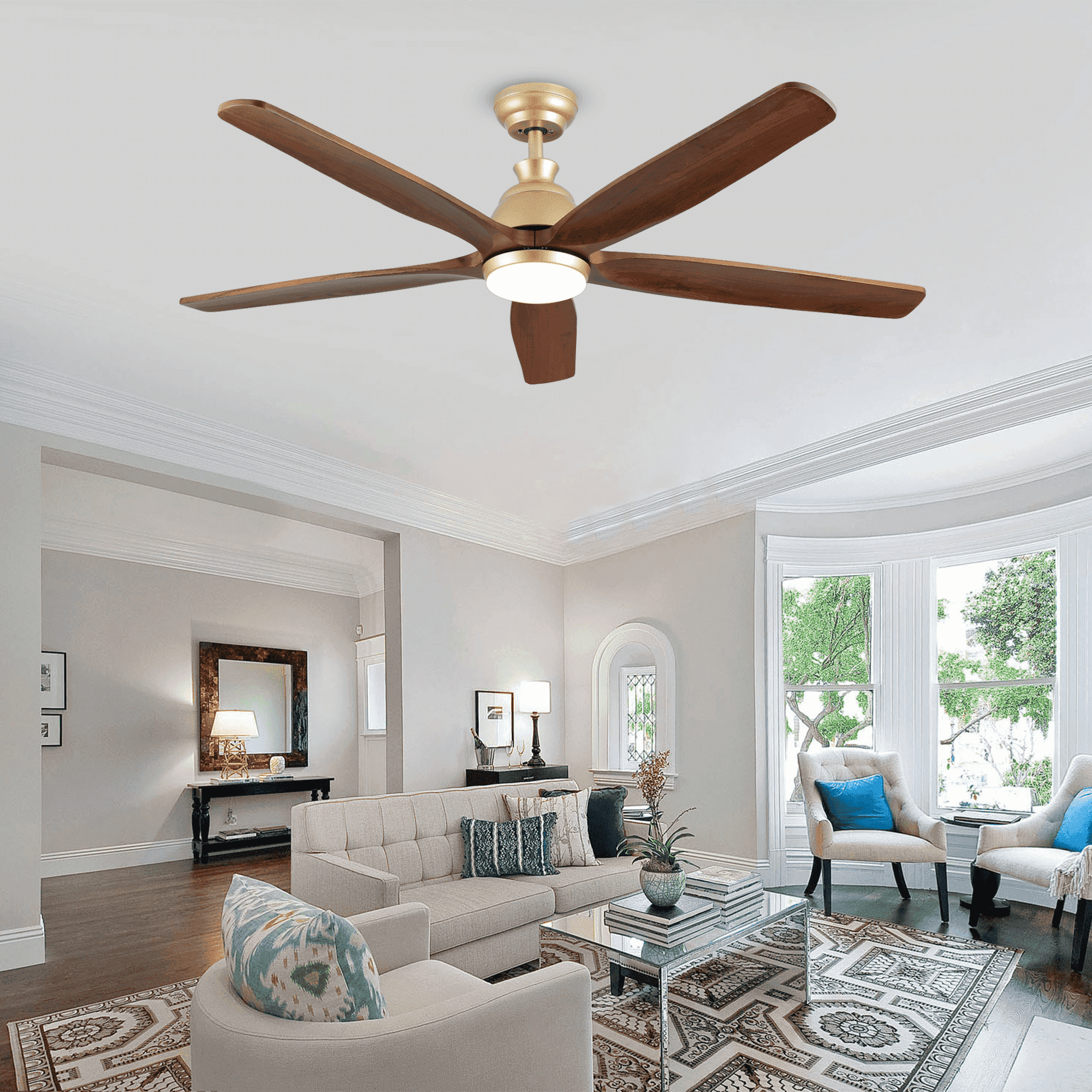 52 inch Gold Ceiling Fan with Light, Solid Wood 5 Blades Modern Farmhouse Large Airflow Brass Ceiling Fan for Indoor Outdoor Bedroom Kitchen Porch