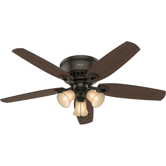 52 inch Indoor Ceiling Fan with LED Lights - Bronze Ceiling Fan with Pull Chain, For Bedroom, Living Room, or Kitchen, Low Profile Mount, No Remote, 5 Blades - Builder 53327, New Bronze