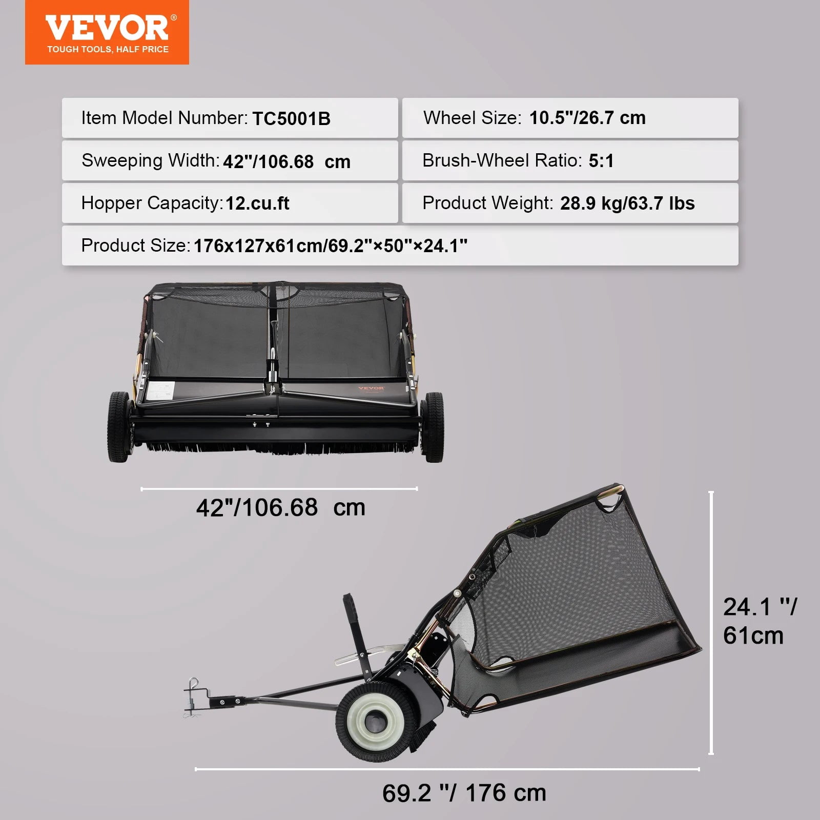 52-inch Lawn Sweeper Tow Behind 26cu.ft. Large Pull Behind Heavy Duty Leaf & Grass Collector for Picking Up Debris & Grass