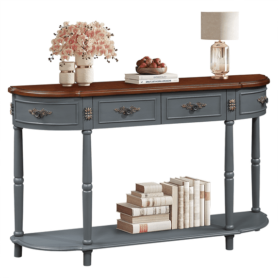 52 inch Solid Wood Farmhouse Console Table with Storage - Vintage Entryway Sofa Table, Heavy-Duty 250lb Capacity, Roman Legs & Tool-Free Assembly for Living Room, Hallway (Antique Grey)