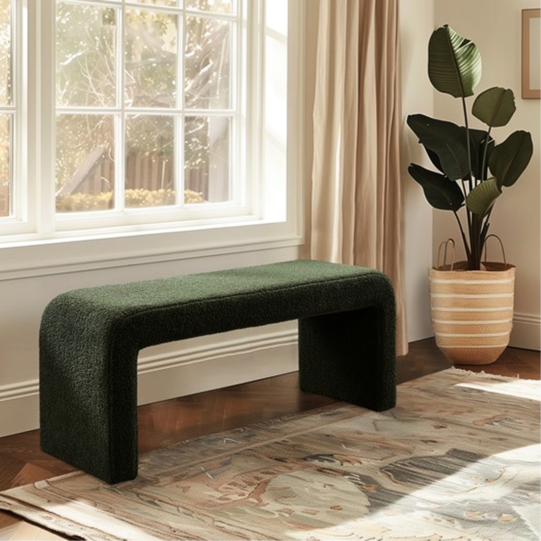 52 - inch green boucle waterfall bench, rounded edges, 400 - lb weight ...