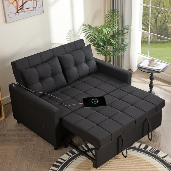 EJC 52" Linen Sleeper Sofa, 3-In-1 Convertible, with A Pull-Out Bed, Stepless Adjustable Backrest And Side Pocket, Modern, Adult, Black