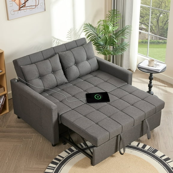 EJC 52" Linen Sleeper Sofa, 3-In-1 Convertible, with A Pull-Out Bed, Stepless Adjustable Backrest And Side Pocket, Modern, Adult, Dark Gray