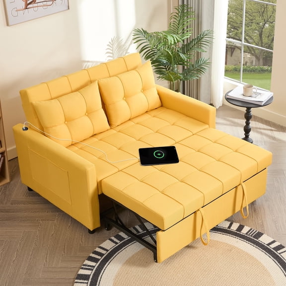 EJC 52" Linen Sleeper Sofa, 3-In-1 Convertible, with A Pull-Out Bed, Stepless Adjustable Backrest And Side Pocket, Modern, Adult, Yellow