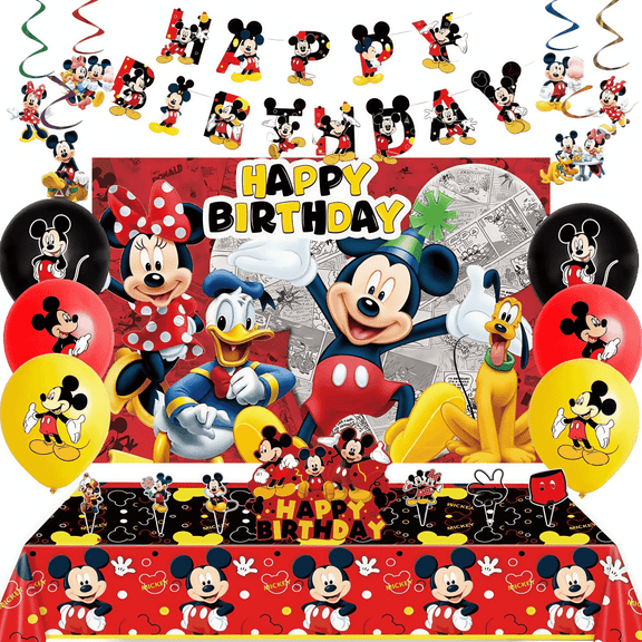 52 pieces Cartoon Mickey theme birthday party decorations, including 1 birthday banner, 1 backdrop, 1 tablecloth, 1 cake topper, 24 cupcake toppers, 6 spirals, 18 balloons as party supplies