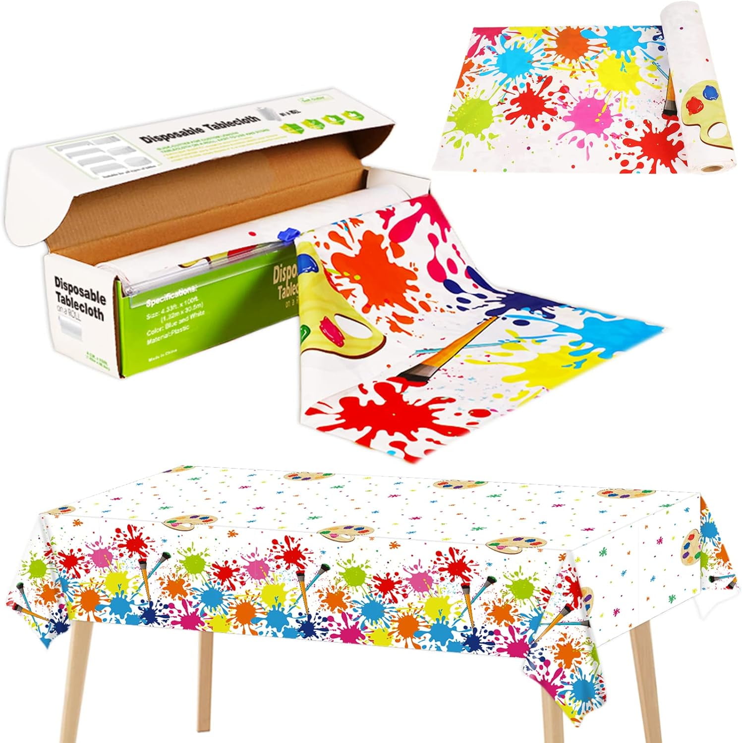 52 x 100 Ft Paint Party Tablecloth Roll with Cutter Art Plastic Table