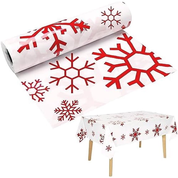 52 in x 100 ft Red White Christmas Snowflake Tablecloth Roll Plastic Snowflake Christmas Tablecloth Roll Rectangle Disposable Table Cover for Xmas Holiday Party Winter Decorations