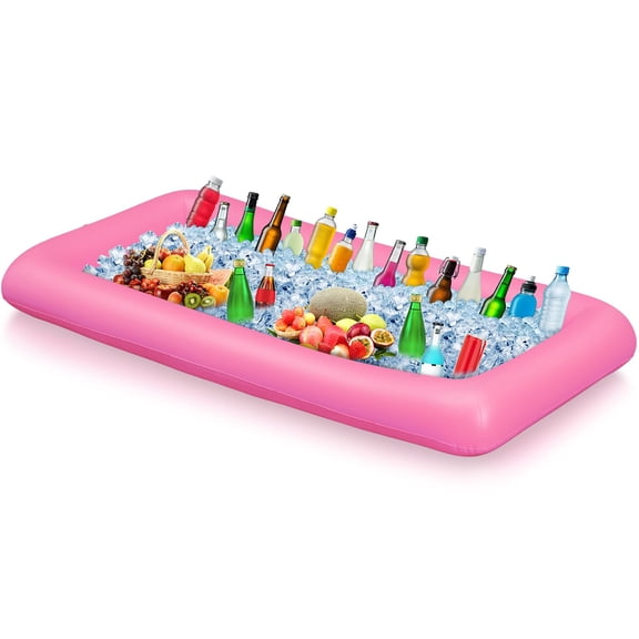 52 x 24 x 5 Inch Inflatable Serving Bar with Drain Plug, Inflatable Ice Buffet Cooler Tray, Floating Food Drink Serving Station for Pool Party, BBQ, Picnic, Pink