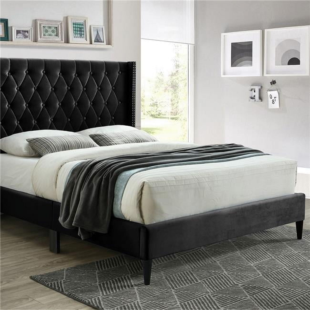 Amelia Black Velvet Tufted Queen Platform Bed with Nailhead Trim
