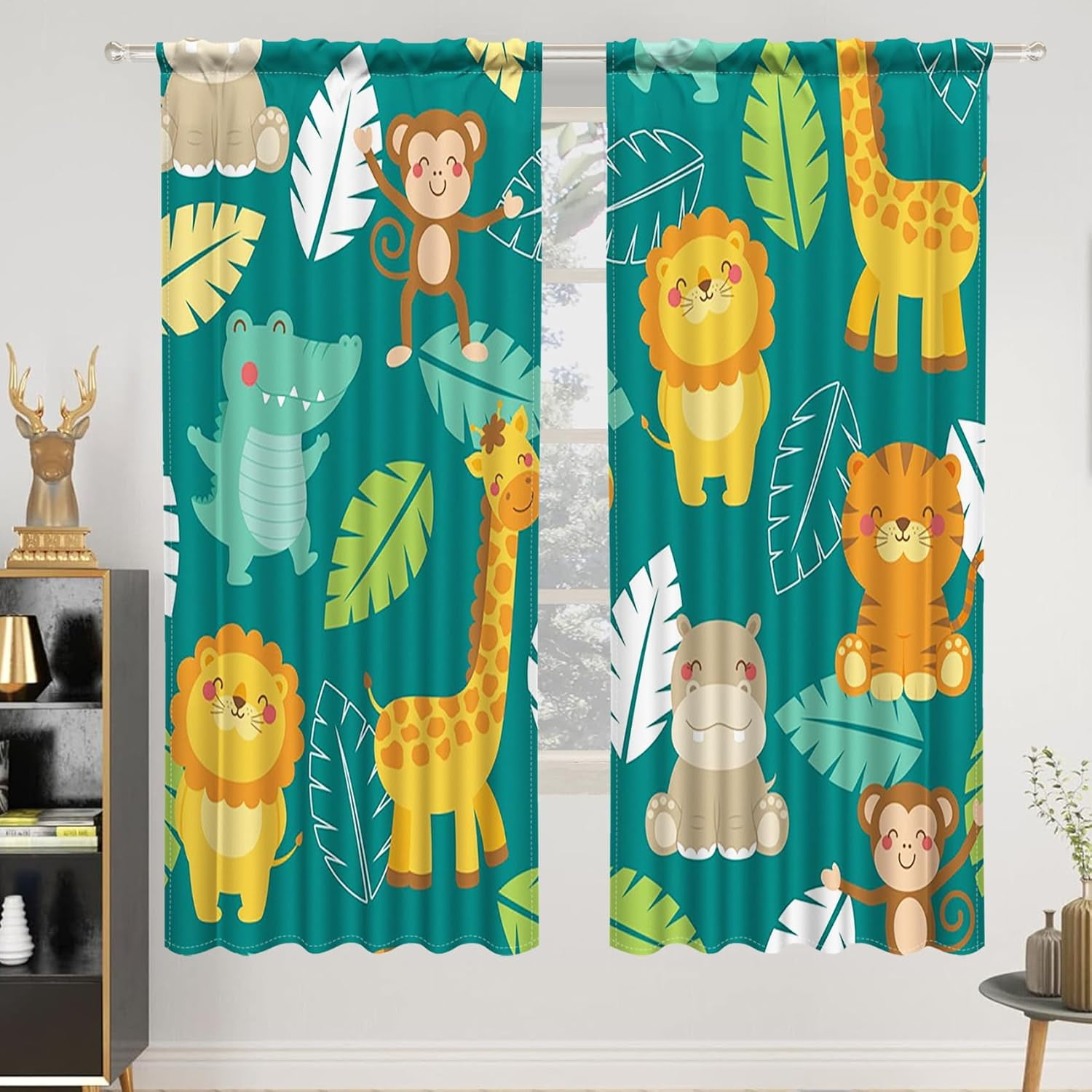 52 x 63 Inch Cartoon Animals Curtains Forest Woodland Giraffe Lion Tiger Nursury Linen Home Decoration Green Leaf Dinosaur Donkey Monkey Rod Pocket Window Drapes for Kids Bedroom 2 Panels