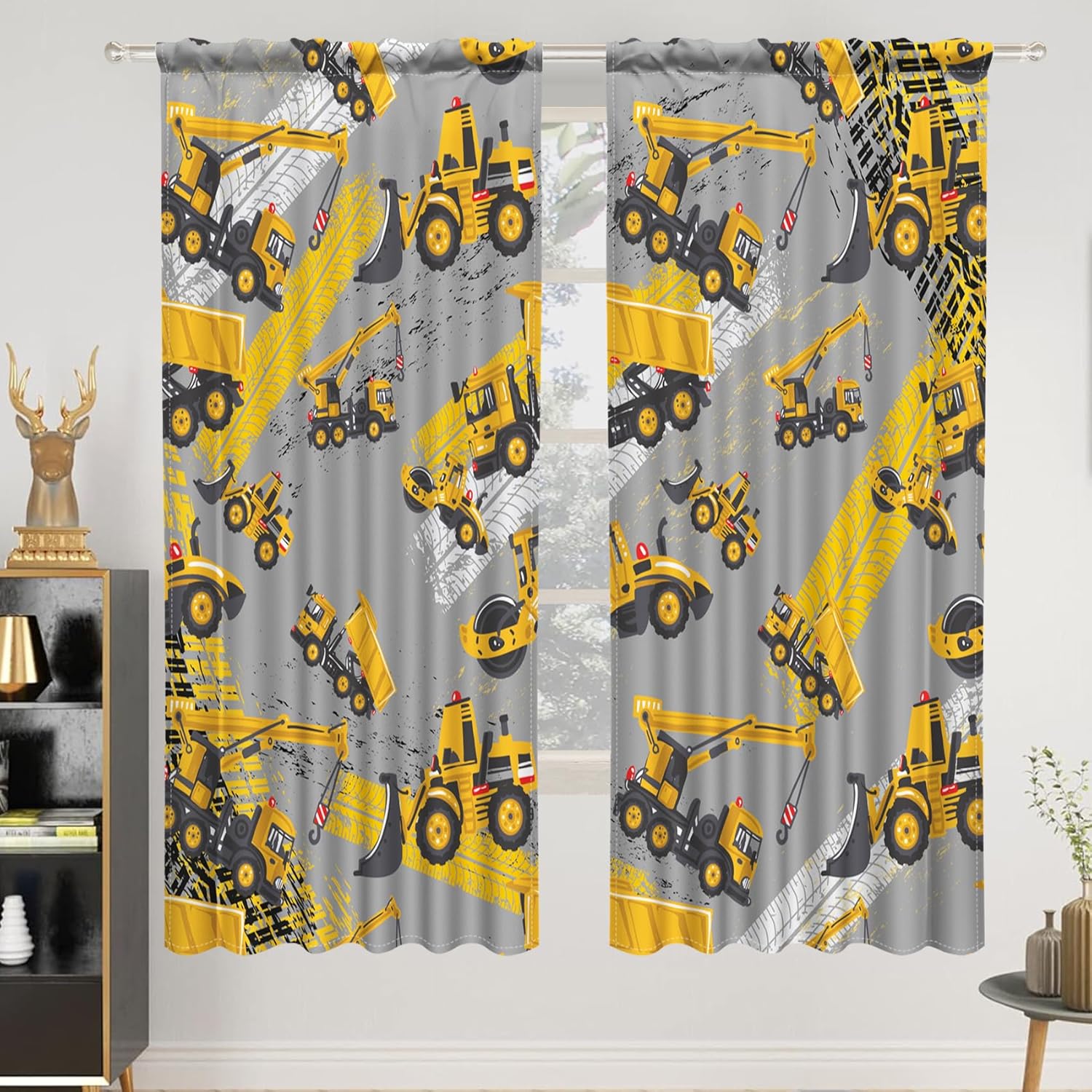 52 x 63 Inch Kids Yellow Construction Curtains for Boys Bedroom Cartoon Excavator Truck Crane Bulldozer Tractor Blackout Window Curtains Nursery Toddlers Room Decor Curtains Linen 2 Panels