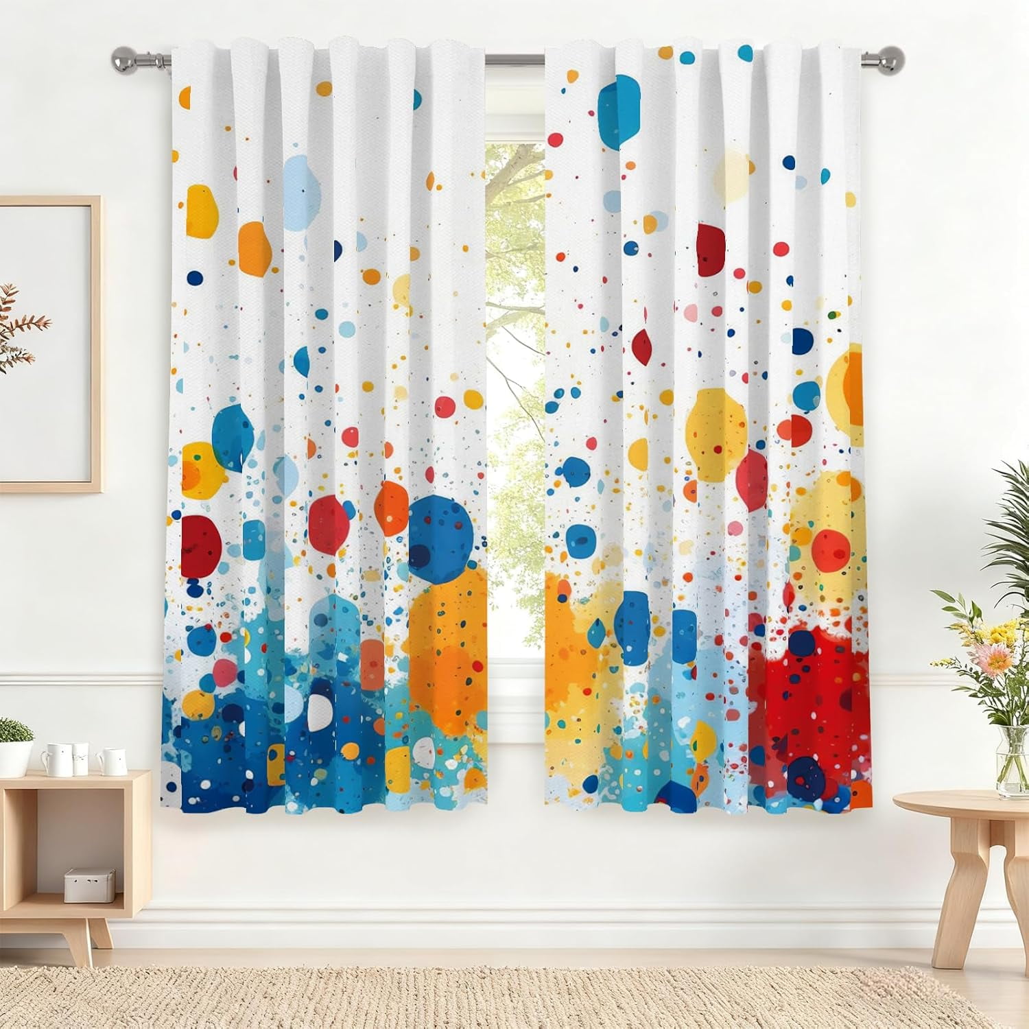 52 x 63 Inch Rainbow Colored Splash Living Room Curtains Colorful Paint Splatter Rod Pocket Window Decor Light Filter Curtain for Bedroom Dining Room Abstract Art Window Drapes Linen 2 Panels