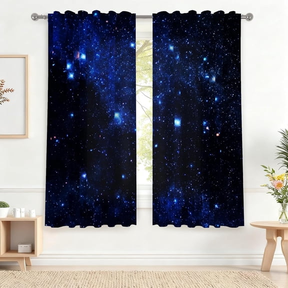 52 x 63 Inch Universe Starry Sky Kitchen Curtains Night Blue Galaxy Kids Boys Bedroom Twinkle Star Living Room Rod Pocket Window Drapes Outer Space Print Darkening Window Treatments 2 Panels